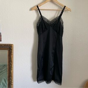 Vintage Penneys Gaymode 60s 70s Nylon Slip Dress Black Lace Embroidered 34 Small